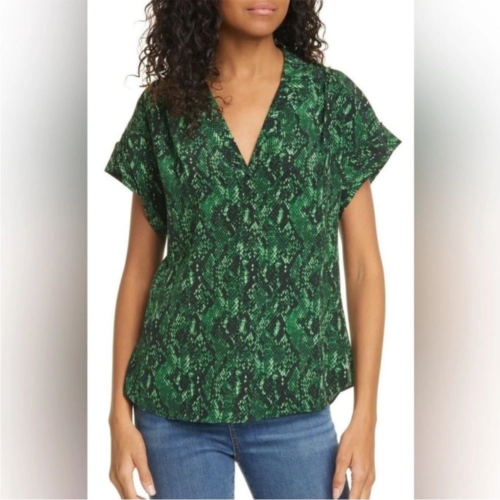 Veronica Beard Green Snake-Print V-Neck Blouse